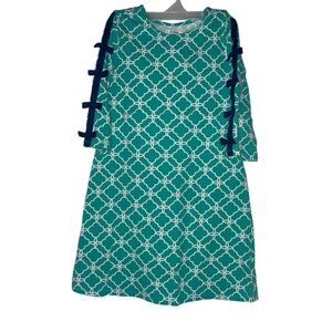 Girls Sz 5 Teal Crown & Ivy Damask Dress with Navy Bow‎ Sleeves